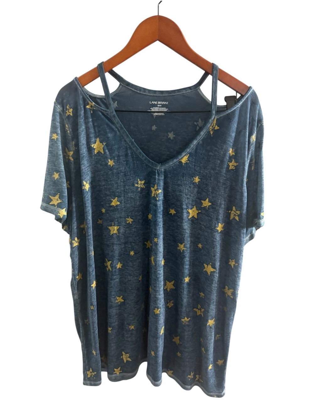 Lane Bryant Teal Cold-Shoulder V-Neck Top with Gold Star Print